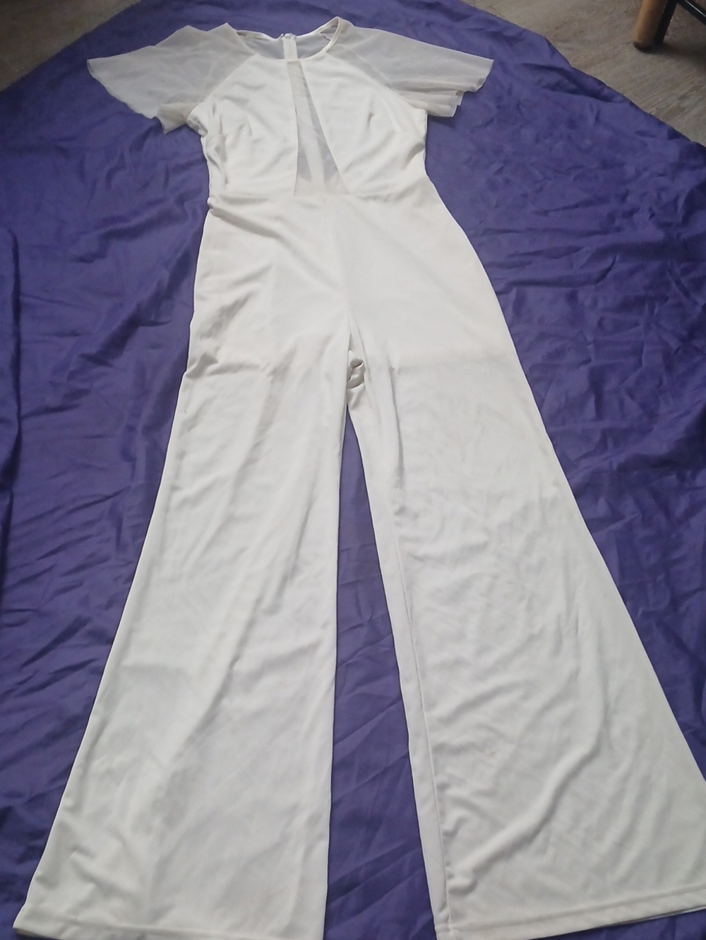 Caribbean Queen White Wide-Leg Jumpsuit with Sheer Short Sleeves